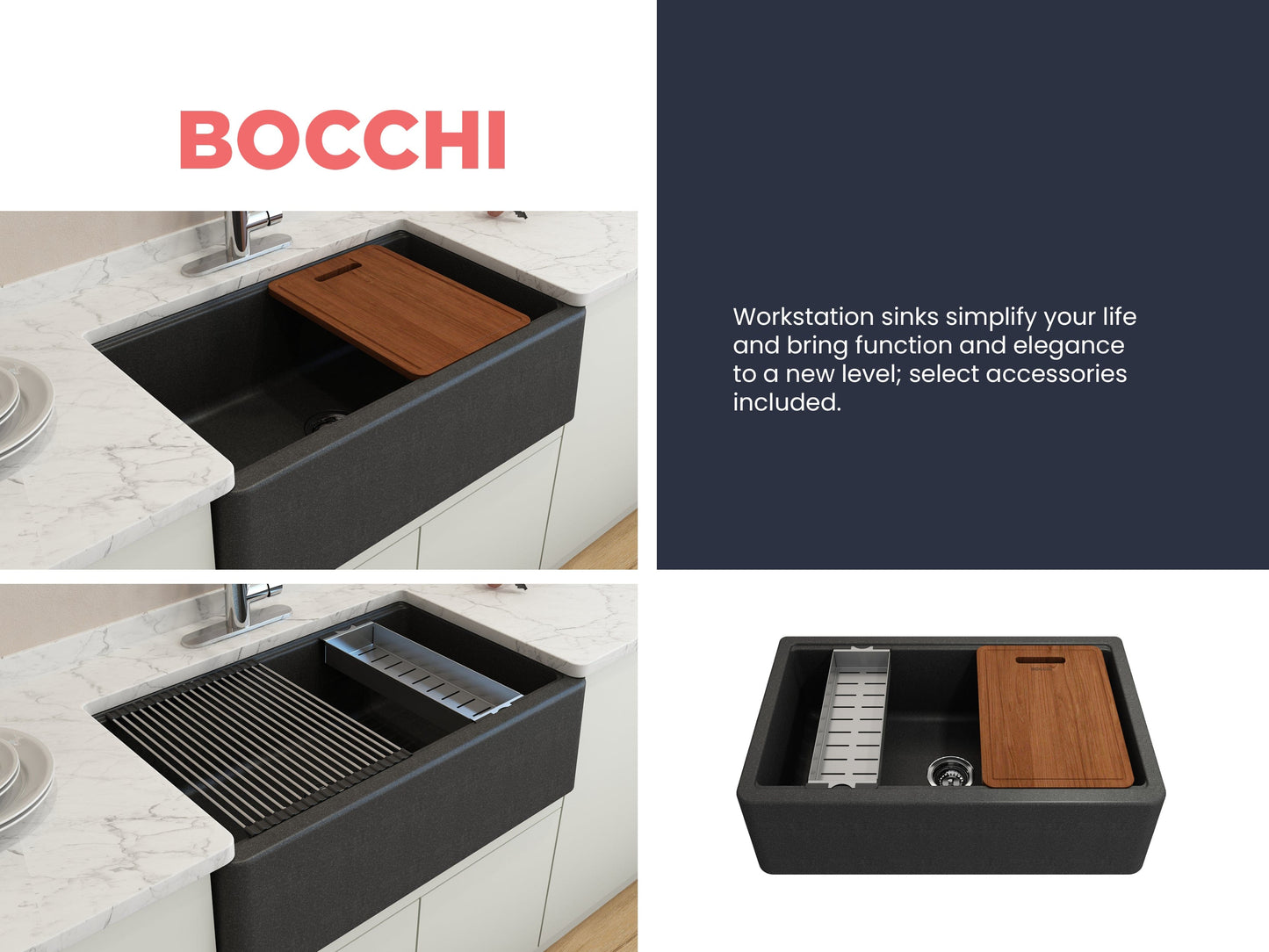 BOCCHI ARONA 33" Single Bowl Granite Kitchen Sink with Integrated Workstation and Accessories