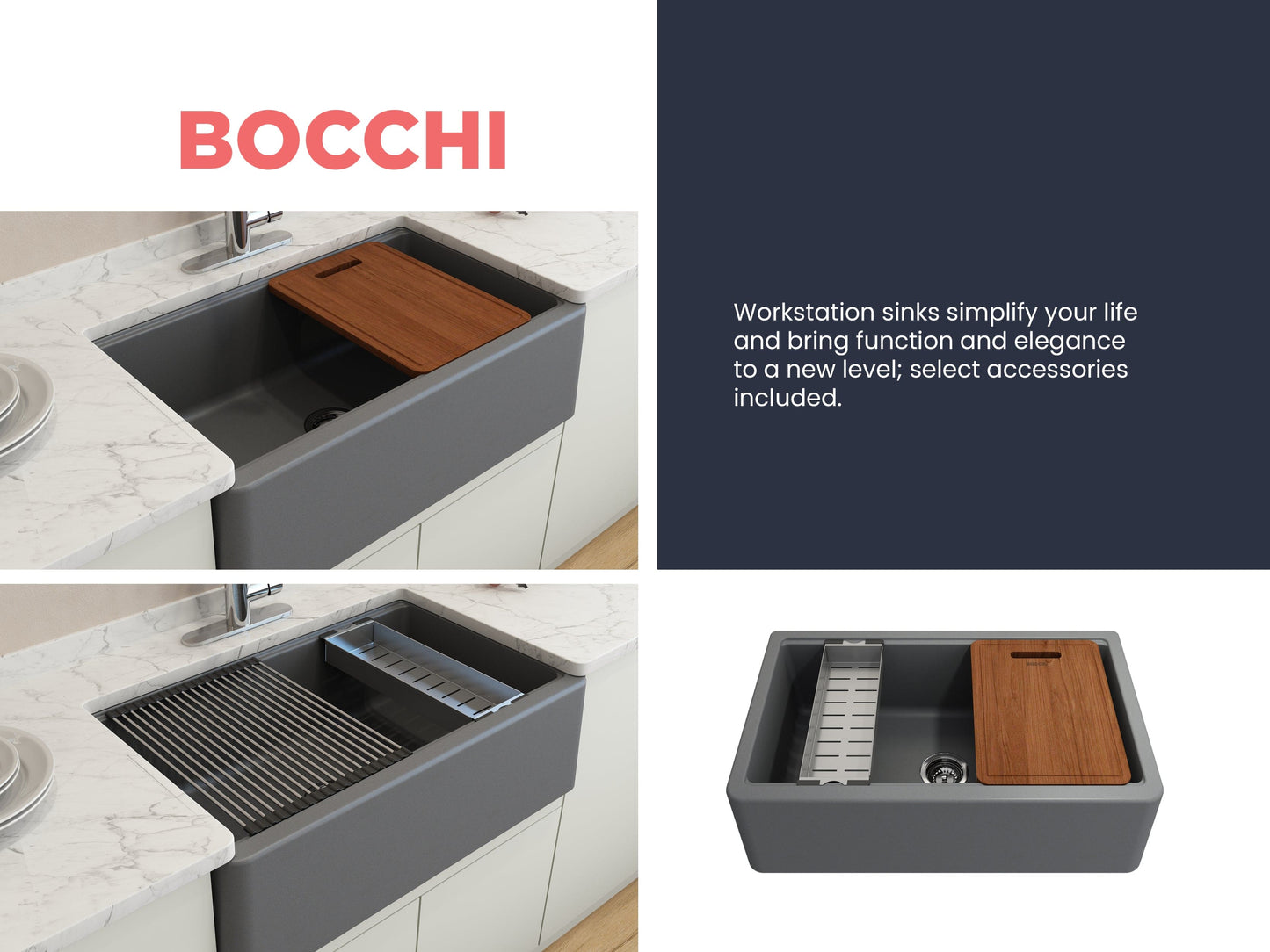 BOCCHI ARONA 33" Single Bowl Granite Kitchen Sink with Integrated Workstation and Accessories