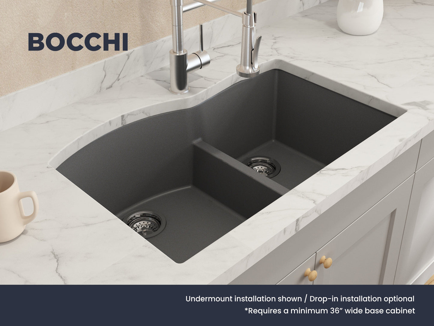 BOCCHI CAMPINO DUO 33" Dual Mount 60/40 Double Bowl Granite Kitchen Sink with Strainers