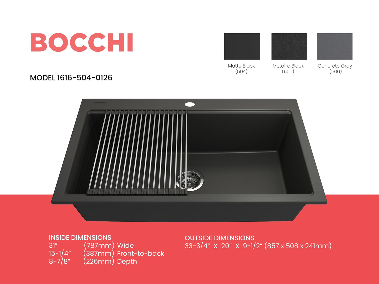 BOCCHI BAVENO LUX 34" Dual-Mount Single Bowl Granite Composite Kitchen Sink with Integrated Workstation and Accessories