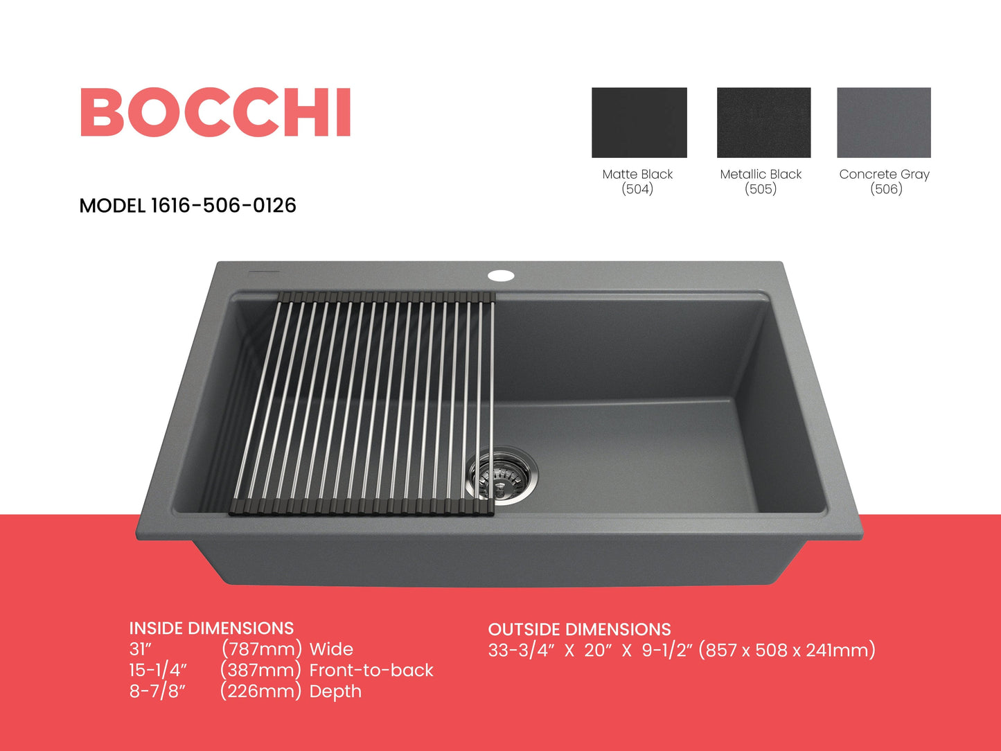 BOCCHI BAVENO LUX 34" Dual-Mount Single Bowl Granite Composite Kitchen Sink with Integrated Workstation and Accessories