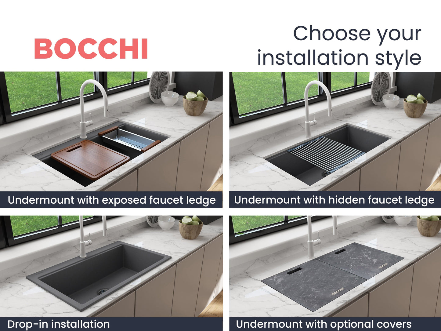 BOCCHI BAVENO LUX 34" Dual-Mount Single Bowl Granite Composite Kitchen Sink with Integrated Workstation and Accessories