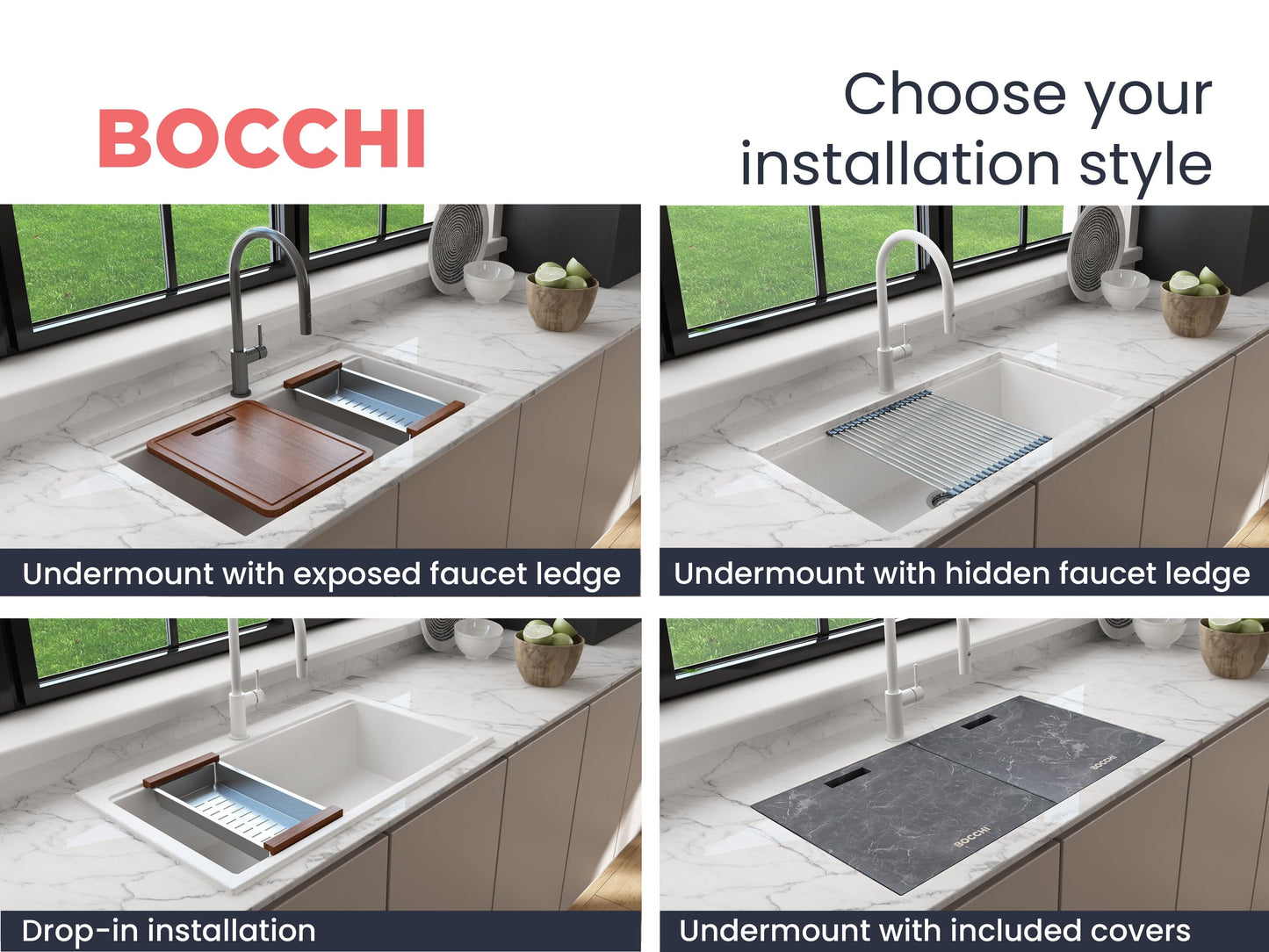 BOCCHI BAVENO LUX 34" Dual-Mount Single Bowl Granite Composite Kitchen Sink with Integrated Workstation and Accessories with Covers