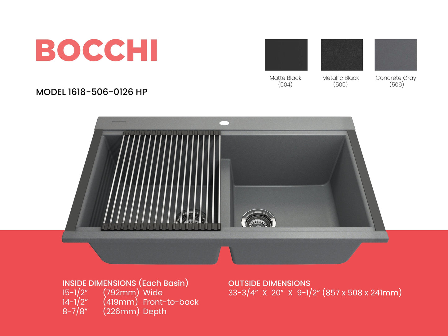 BOCCHI BAVENO LUX 33" Double Bowl Granite Composite Kitchen Sink with Integrated Workstation and Accessories with Covers