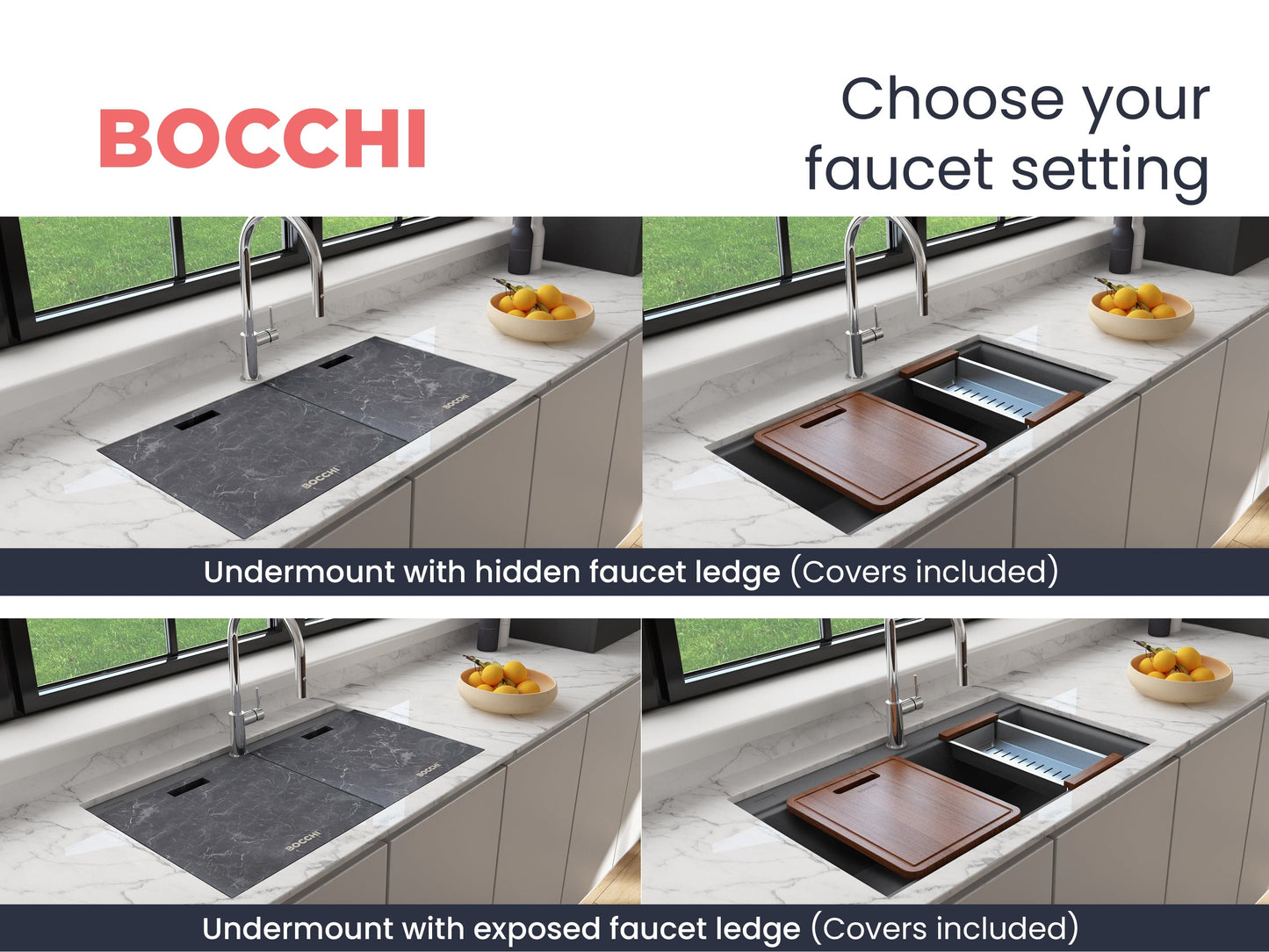 BOCCHI BAVENO LUX 33" Double Bowl Granite Composite Kitchen Sink with Integrated Workstation and Accessories with Covers