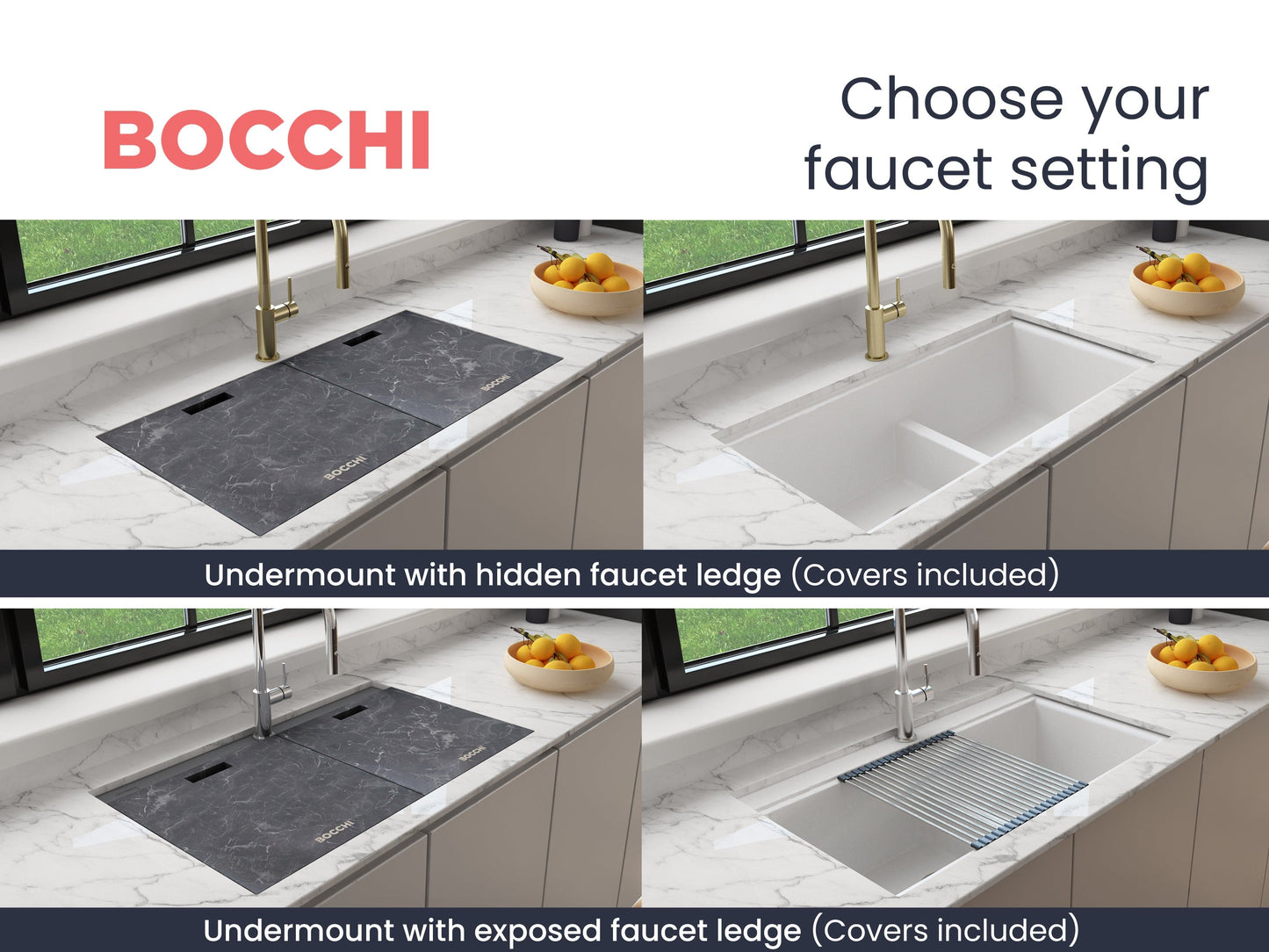 BOCCHI BAVENO LUX 33" Double Bowl Granite Composite Kitchen Sink with Integrated Workstation and Accessories with Covers