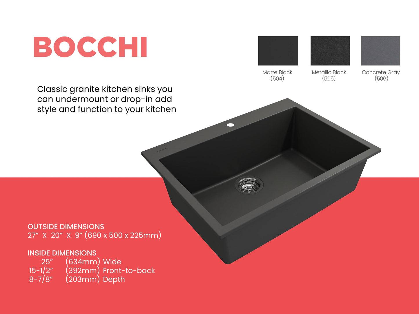 BOCCHI CAMPINO UNO 27" Dual-Mount Single Bowl Granite Composite Kitchen Sink