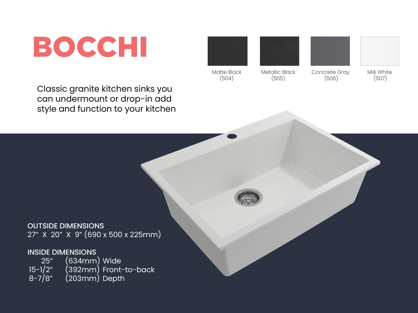 BOCCHI CAMPINO UNO 27" Dual-Mount Single Bowl Granite Composite Kitchen Sink