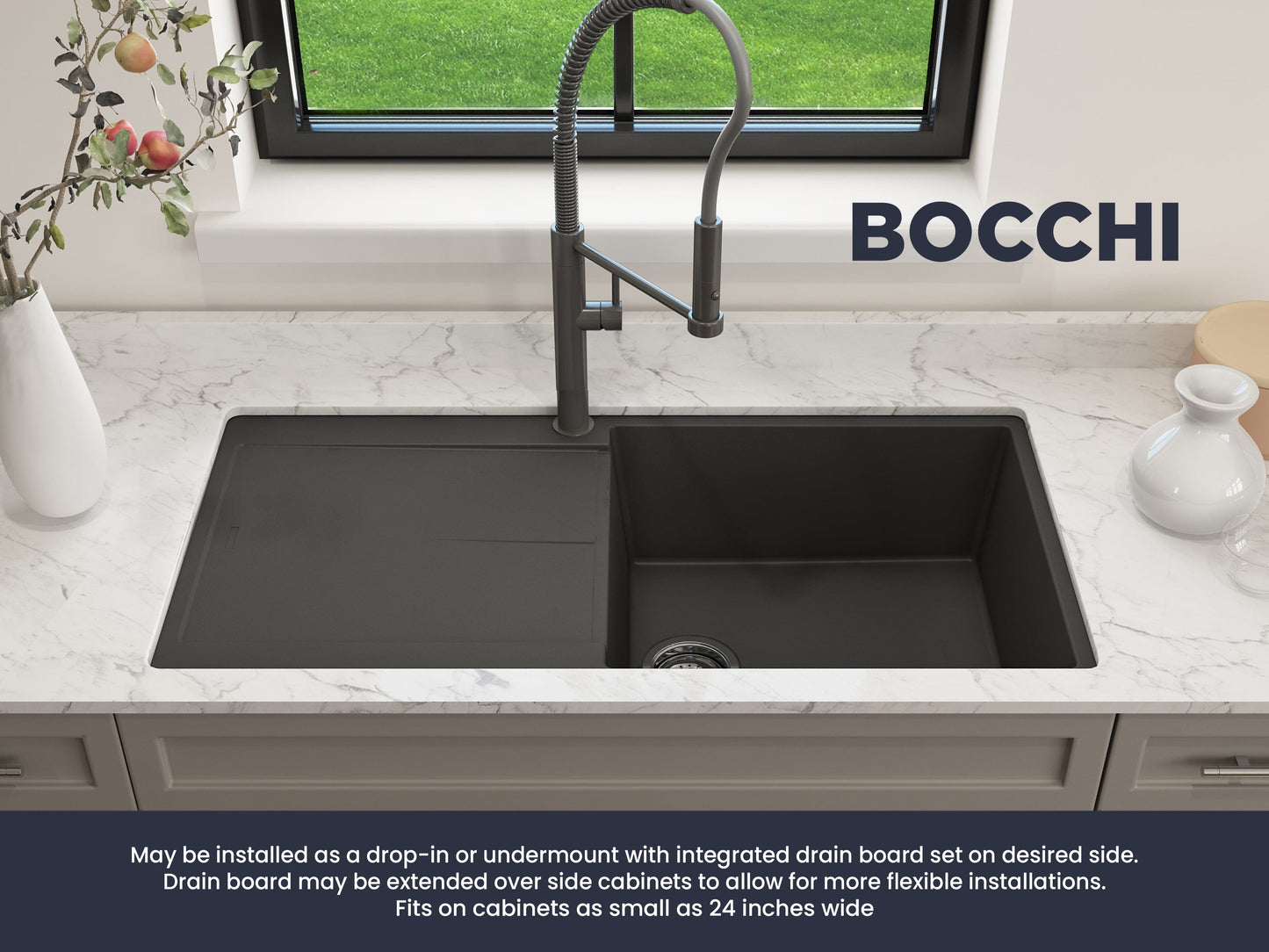 BOCCHI LEVANZO 20" Dual-Mount Single Bowl Granite Composite Kitchen Sink with Drain Board