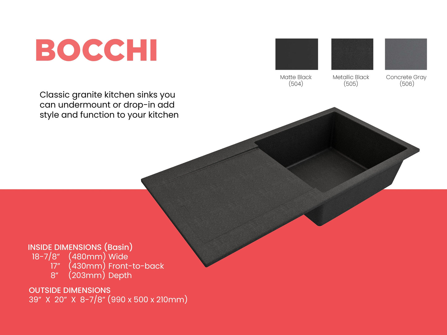 BOCCHI LEVANZO 20" Dual-Mount Single Bowl Granite Composite Kitchen Sink with Drain Board