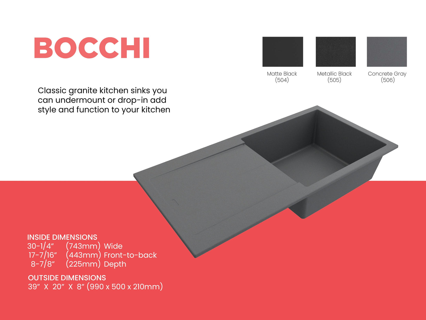 BOCCHI LEVANZO 20" Dual-Mount Single Bowl Granite Composite Kitchen Sink with Drain Board