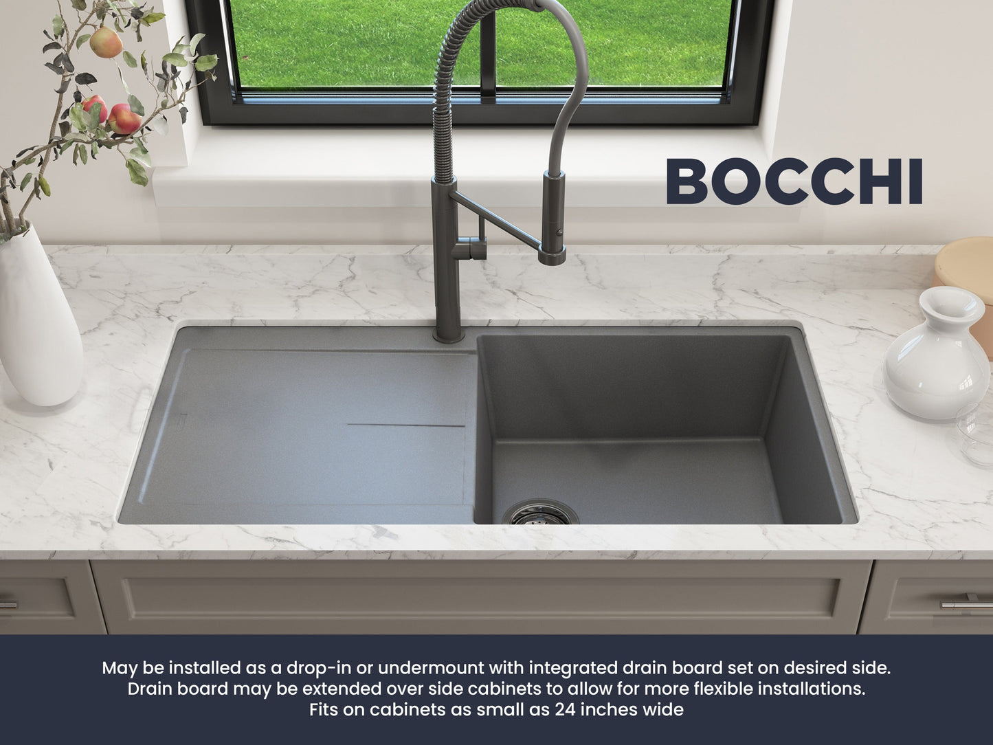 BOCCHI LEVANZO 20" Dual-Mount Single Bowl Granite Composite Kitchen Sink with Drain Board