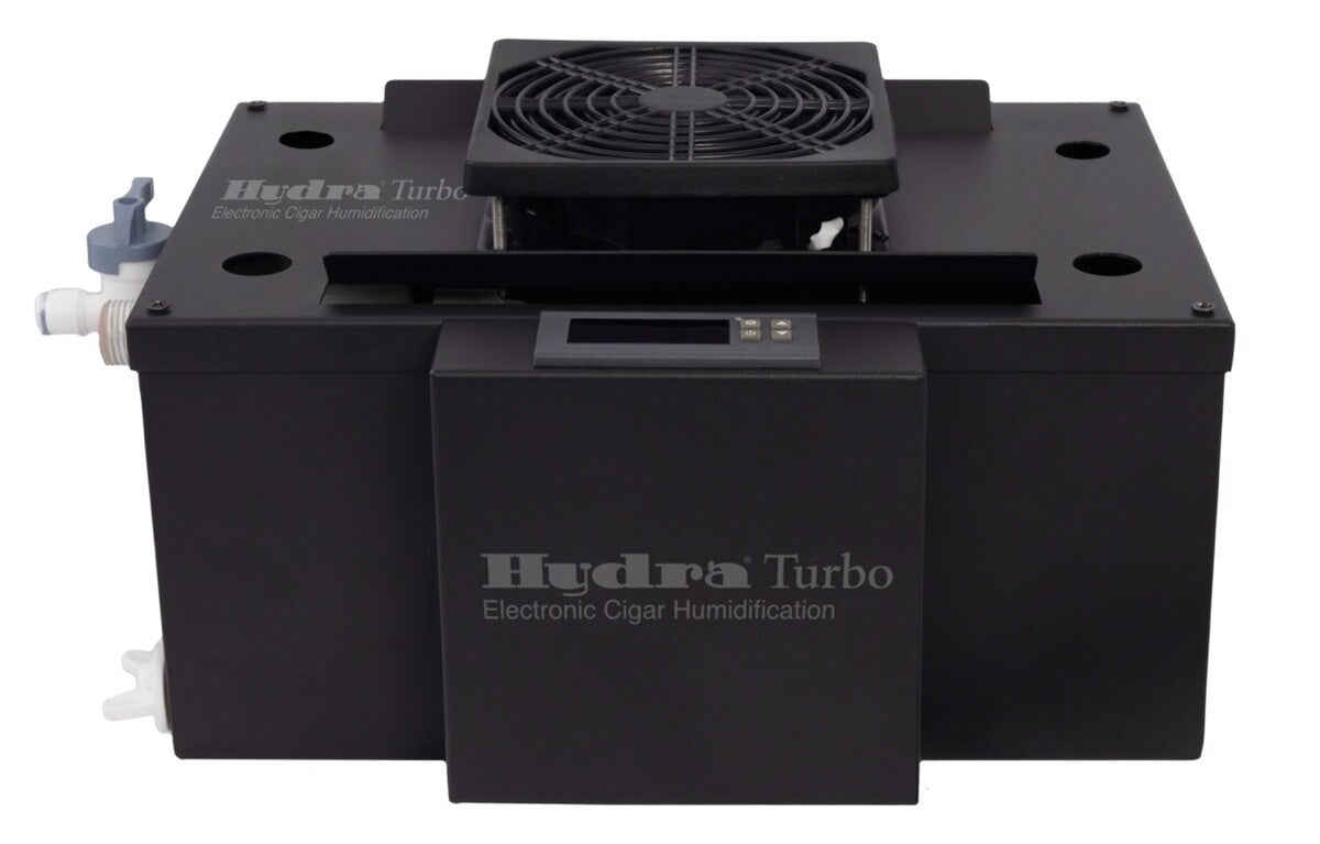 Black electronic cigar humidification device with 'Hydra Turbo' branding 