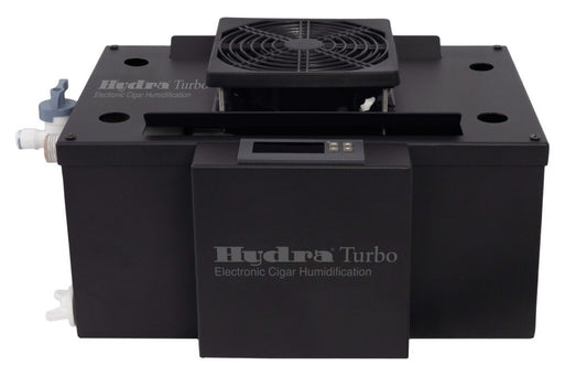 Black electronic cigar humidification device with 'Hydra Turbo' branding 