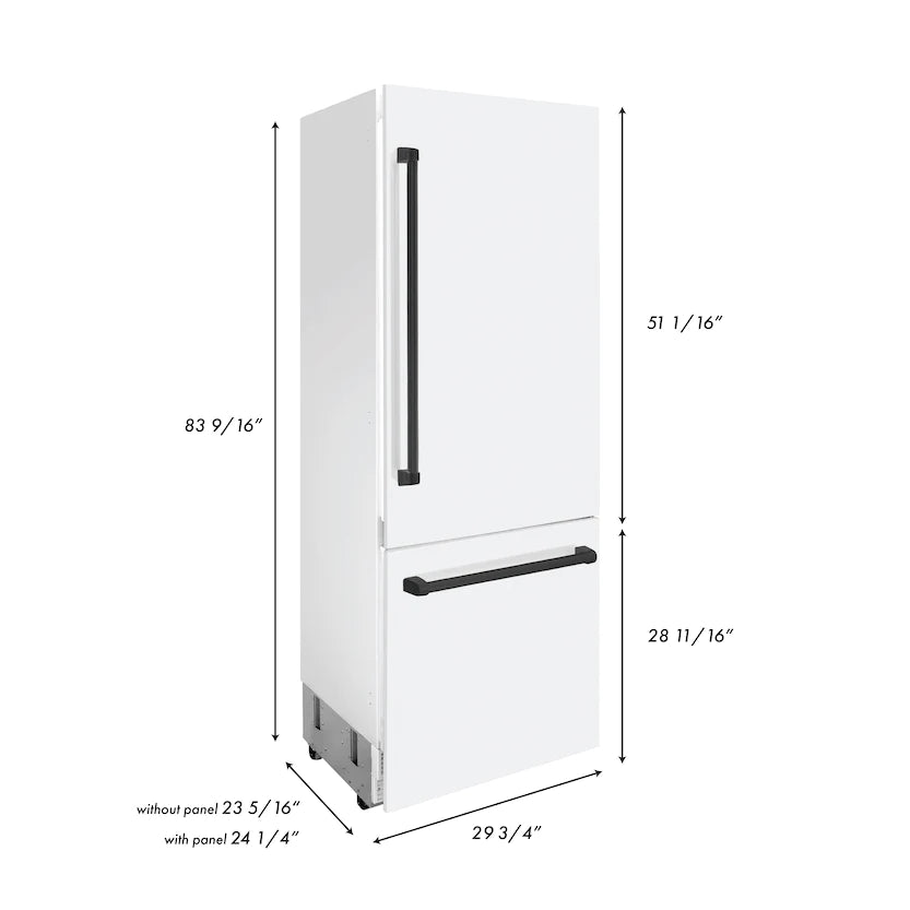 ZLINE 30 In. 16.1 cu. ft. Built-In Refrigerator with Internal Water and Ice Dispenser in White Matte with Matte Black Accents, RBIVZ-WM-30-MB