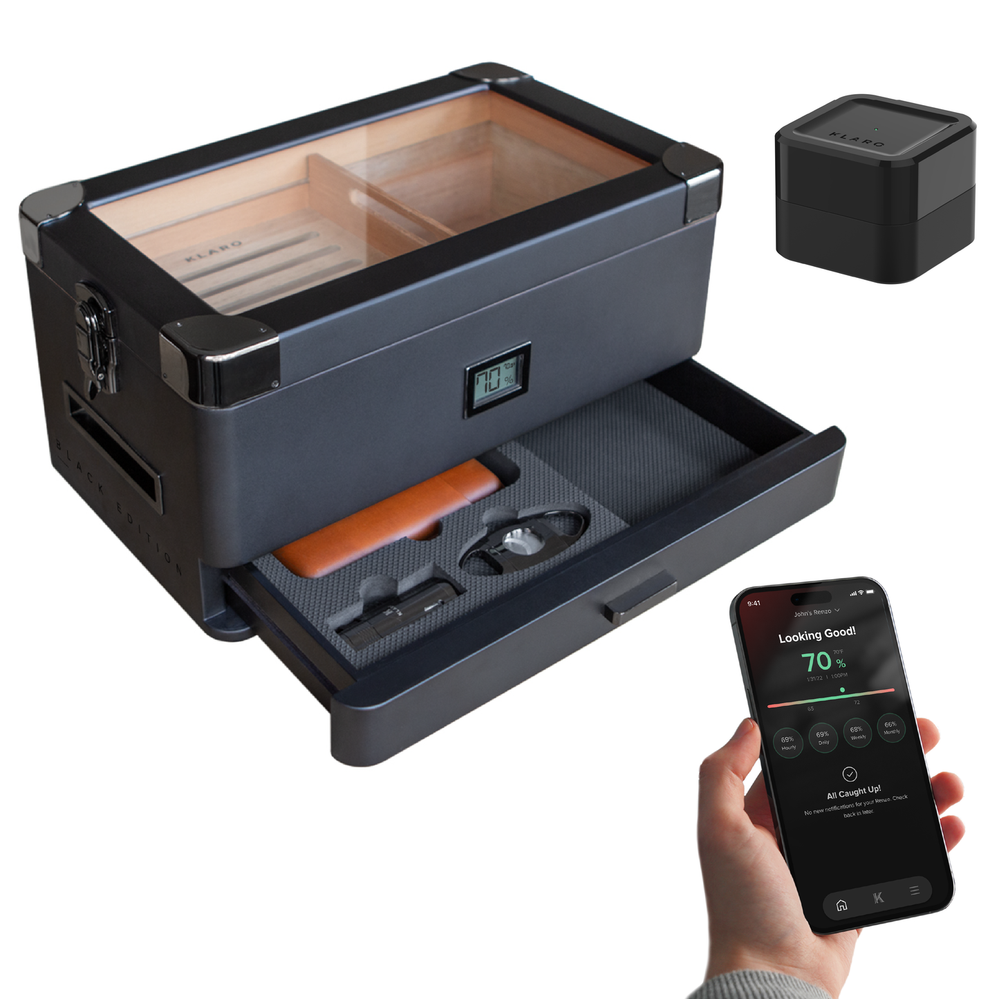 Military Glass Top Humidor - Black Edition | Holds 100 Cigars