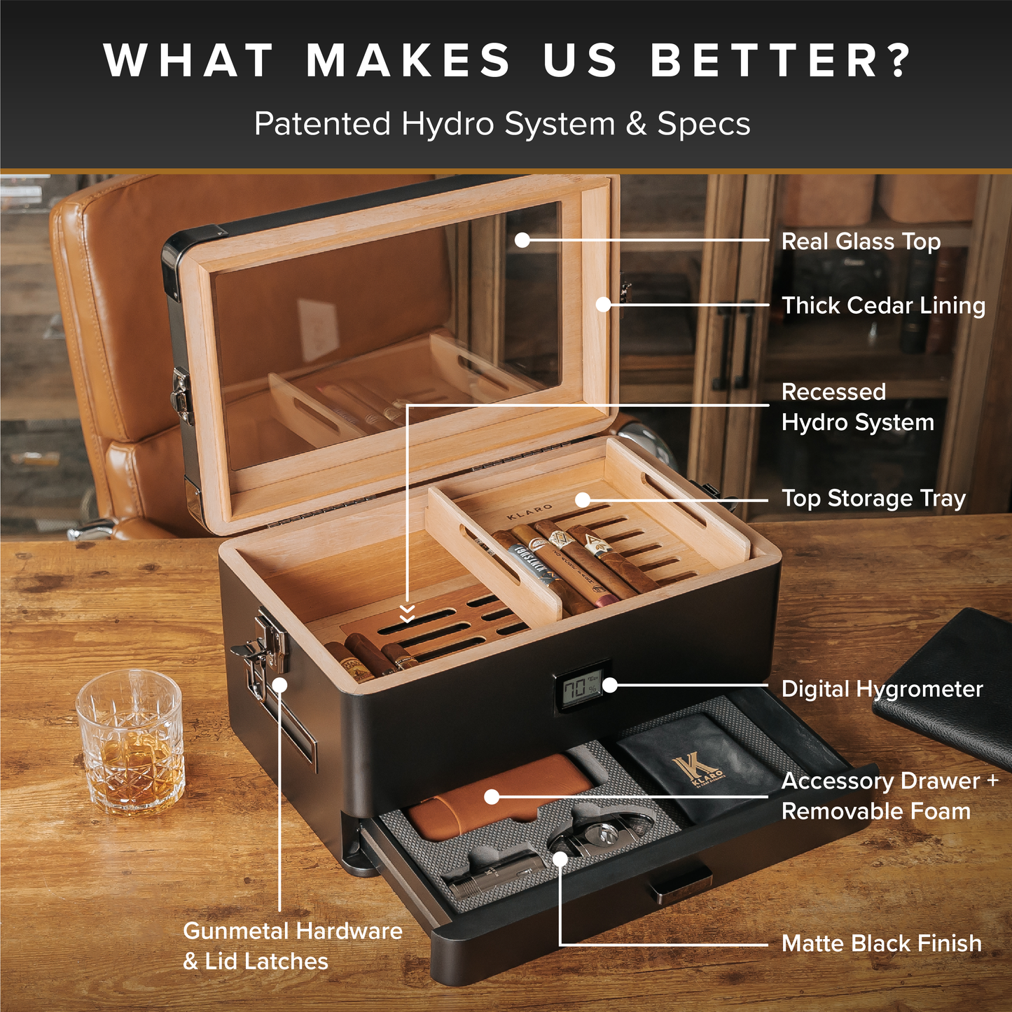 Military Glass Top Humidor - Black Edition | Holds 100 Cigars