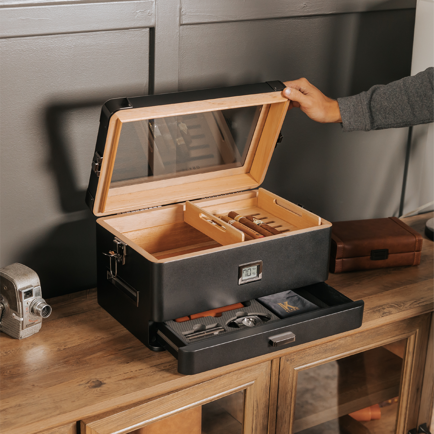 Military Glass Top Humidor - Black Edition | Holds 100 Cigars