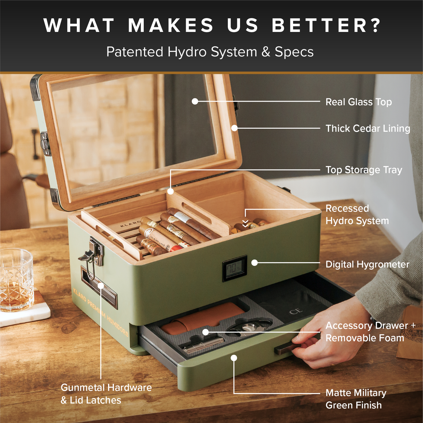 Military Glass Top Humidor | Holds 100 Cigars
