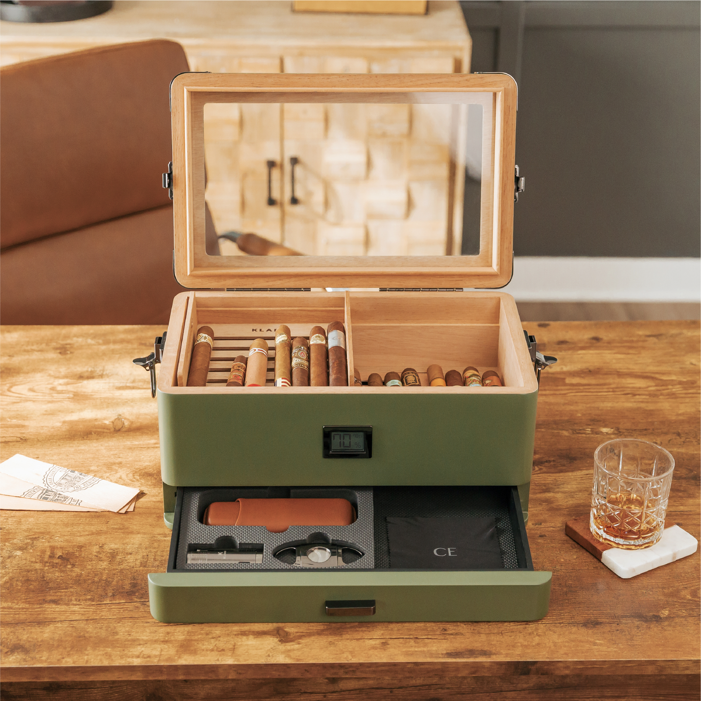 Military Glass Top Humidor | Holds 100 Cigars
