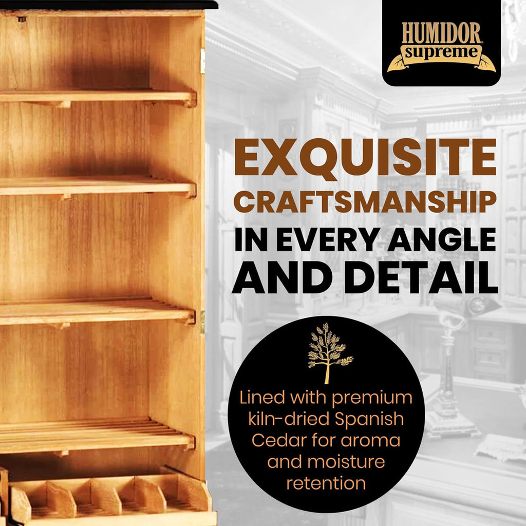 Wooden humidor with shelves emphasizing craftsmanship and premium materials.