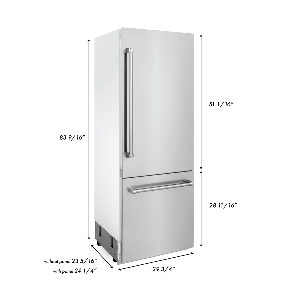 ZLINE 30 In. 16.1 cu. ft. Built-In 2-Door Bottom Freezer Refrigerator with Internal Water and Ice Dispenser in Stainless Steel, RBIV-304-30