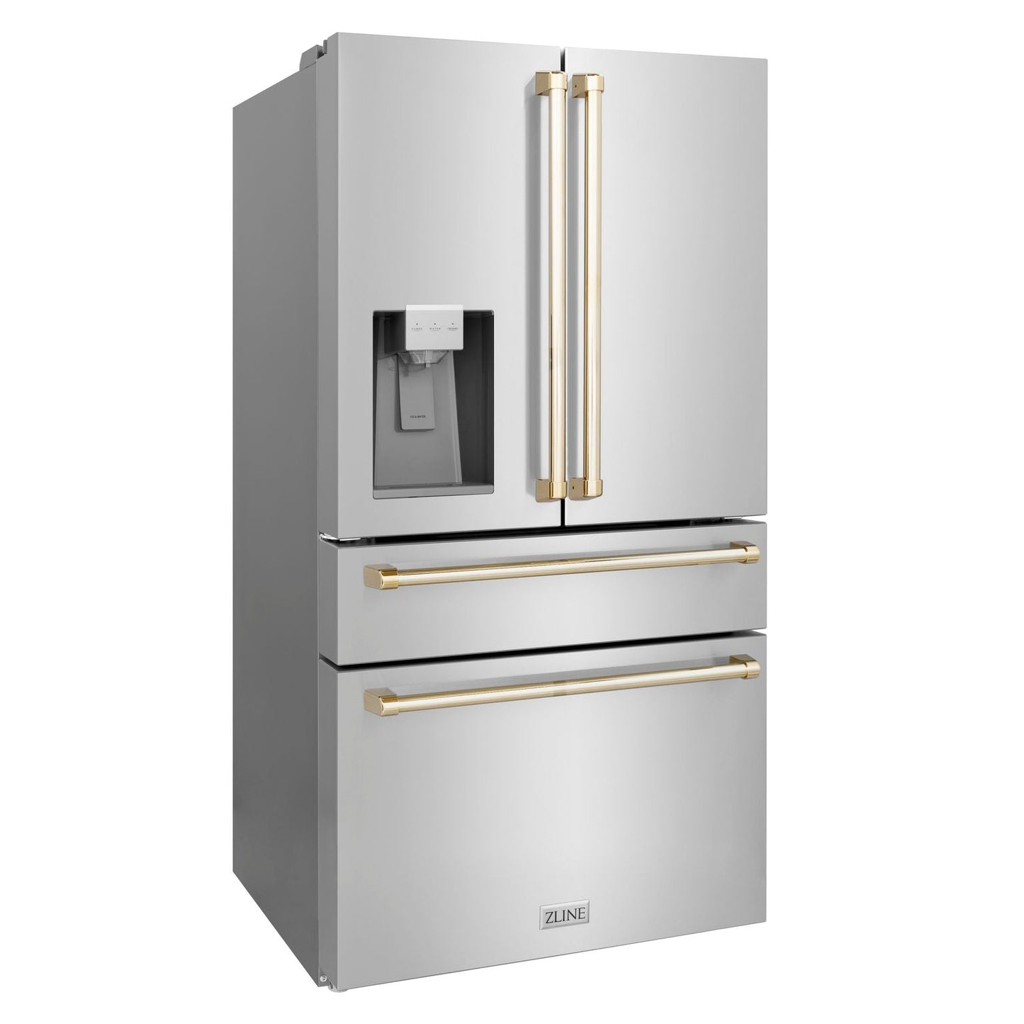 ZLINE 36 In. Autograph French Door Refrigerator with Water and Ice Dispenser in Fingerprint Resistant Stainless Steel with Gold Accents, RFMZ-W-36-G