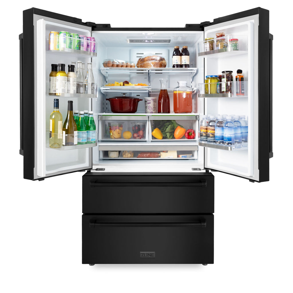 ZLINE 36 inch 22.5 cu. ft. French Door Refrigerator with Ice Maker in Black Stainless Steel, RFM-36-BS