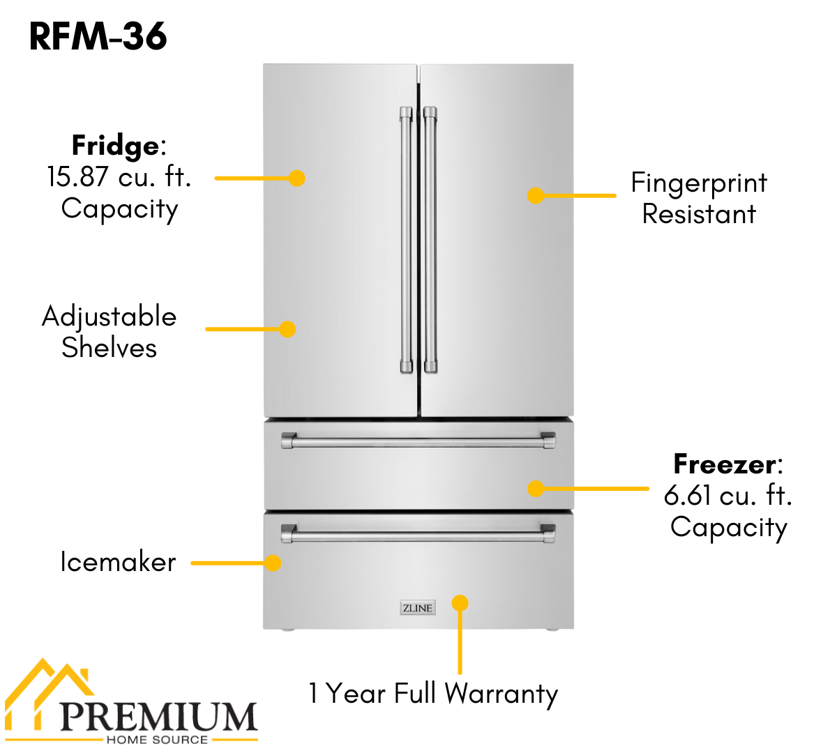 ZLINE Stainless Steel Refrigerator with Freestanding French Doors & Ice Maker - 36-Inch, 22.5 Cu. Ft., RFM-36