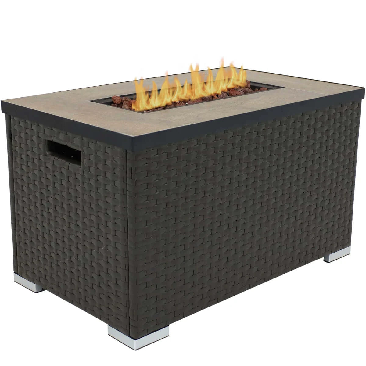 32" Tile Top Wicker Fire Pit Table | Resin Wicker and Lava Rocks | Smokeless
