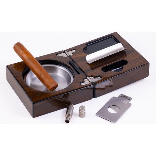 High Gloss Walnut Folding Ashtray Set w/ Accessories