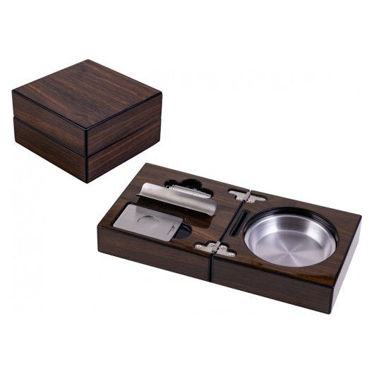 High Gloss Walnut Folding Ashtray Set w/ Accessories