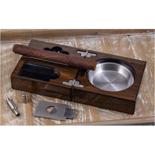 High Gloss Walnut Folding Ashtray Set w/ Accessories