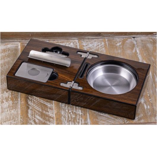 High Gloss Walnut Folding Ashtray Set w/ Accessories