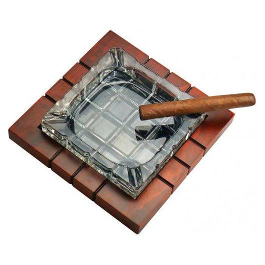 Cross-Hatched Crystal Ashtray on Wood Base