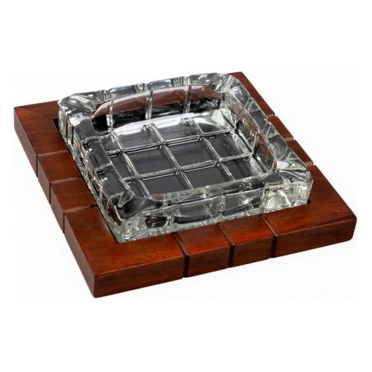 Cross-Hatched Crystal Ashtray on Wood Base