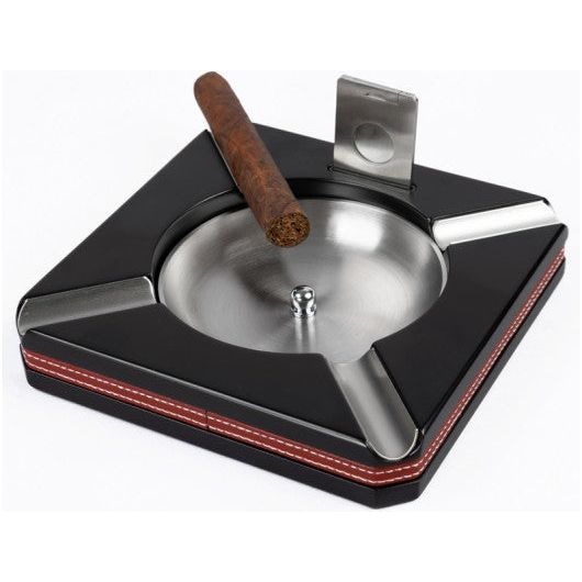 Wood Ashtray w/ Black Finish, Leather Trim & Cutter