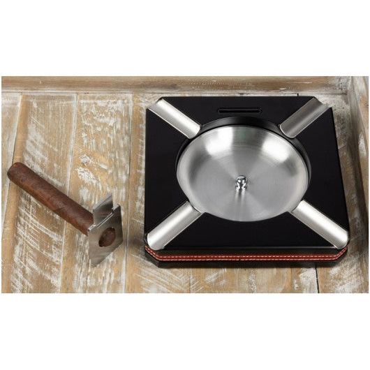 Wood Ashtray w/ Black Finish, Leather Trim & Cutter