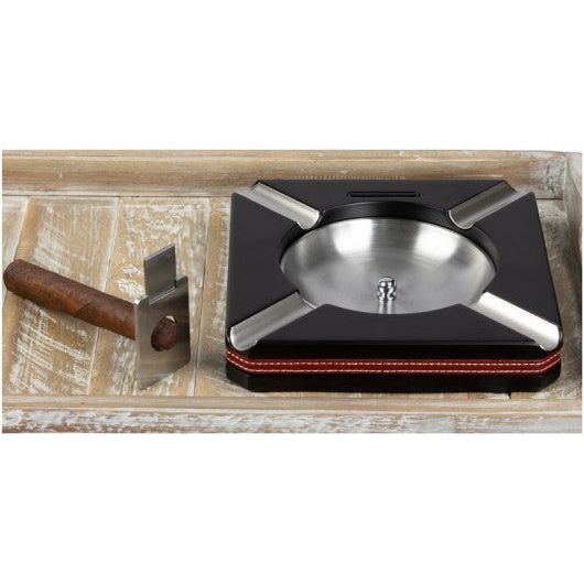 Wood Ashtray w/ Black Finish, Leather Trim & Cutter