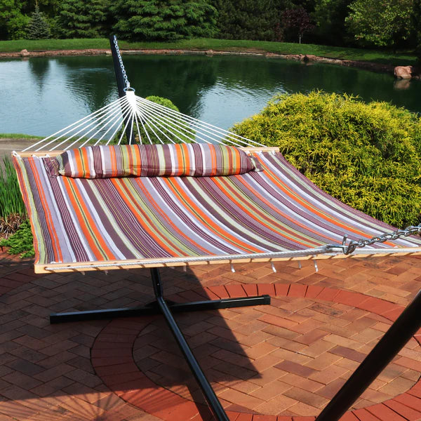 Double Hammock with Pillow | Quilted Fabric | Spreader Bars Included