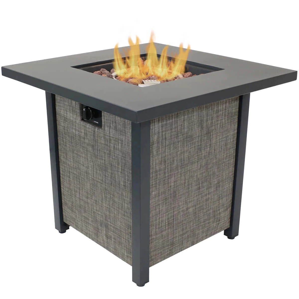28" Square Smokeless Fire Pit Table | Rafa Fabric Sides and Decorative Rocks
