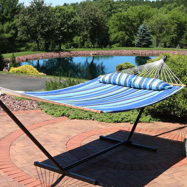 Double Hammock with Pillow | Quilted Fabric | Spreader Bars Included