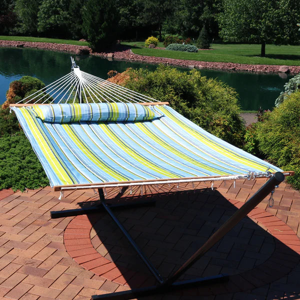 Double Hammock with Pillow | Quilted Fabric | Spreader Bars Included