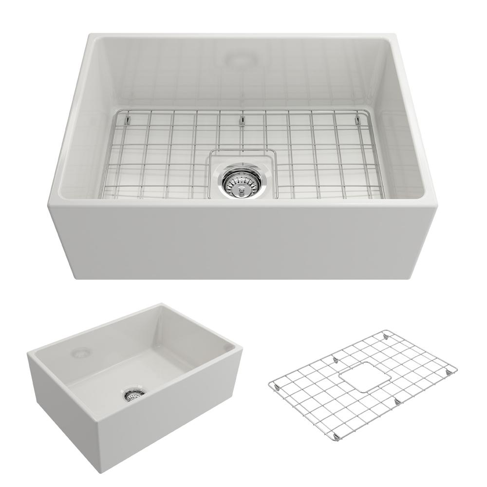 BOCCHI CONTEMPO 27" Fireclay Farmhouse Single Bowl Kitchen Sink with Protective Bottom Grid and Strainer