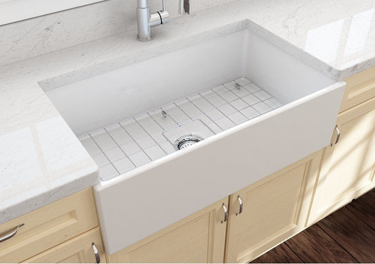 BOCCHI CONTEMPO 33" Fireclay Farmhouse Single Bowl Kitchen Sink with Protective Bottom Grid and Strainer