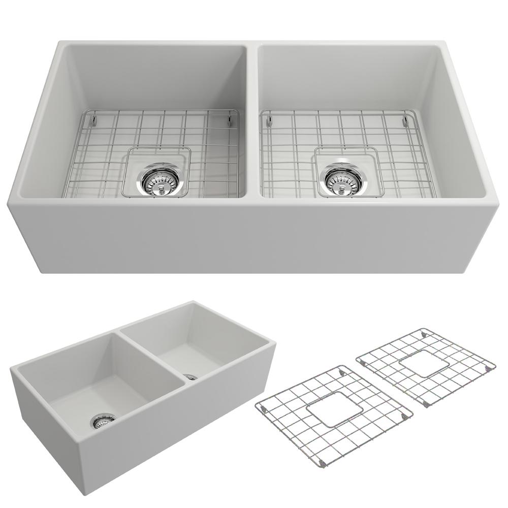 BOCCHI CONTEMPO 36" Fireclay Farmhouse Double Bowl Kitchen Sink with Protective Bottom Grid and Strainer