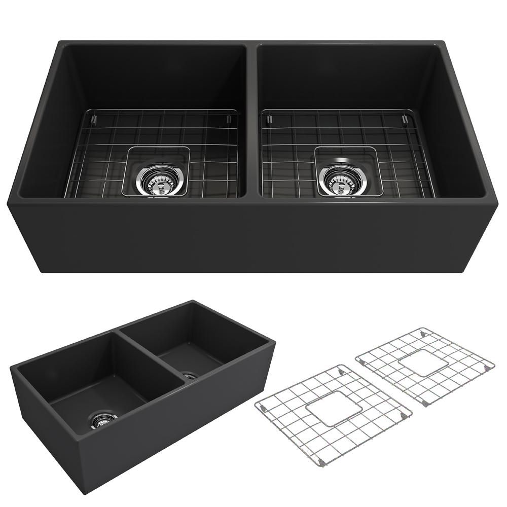 BOCCHI CONTEMPO 36" Fireclay Farmhouse Double Bowl Kitchen Sink with Protective Bottom Grid and Strainer