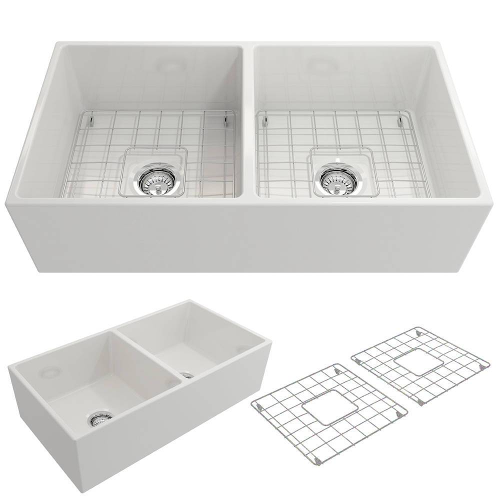 BOCCHI CONTEMPO 36" Fireclay Farmhouse Double Bowl Kitchen Sink with Protective Bottom Grid and Strainer