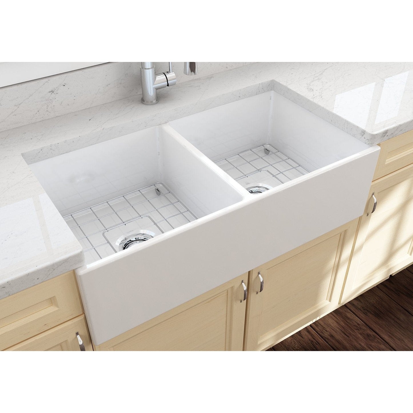 BOCCHI CONTEMPO 36" Fireclay Farmhouse Double Bowl Kitchen Sink with Protective Bottom Grid and Strainer