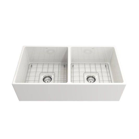 BOCCHI CONTEMPO 36" Fireclay Farmhouse Double Bowl Kitchen Sink with Protective Bottom Grid and Strainer